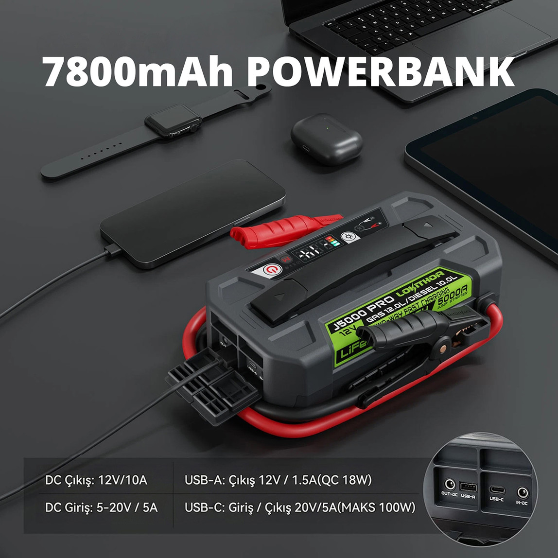    Lokithor J5000PRO 12V 5000Amp LiFePO4 Akıllı Akü Takviye, Powerbank ve Led Lamba 