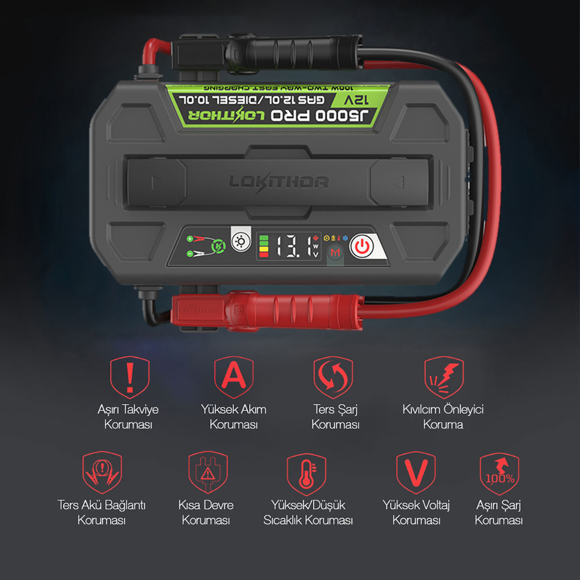   Lokithor J5000PRO 12V 5000Amp LiFePO4 Akıllı Akü Takviye, Powerbank ve Led Lamba 