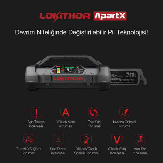 Lokithor APARTX4000 12V 4000Amp Li-Polimer Akıllı Akü Takviye, Pompa, Powerbank ve Led Lamba