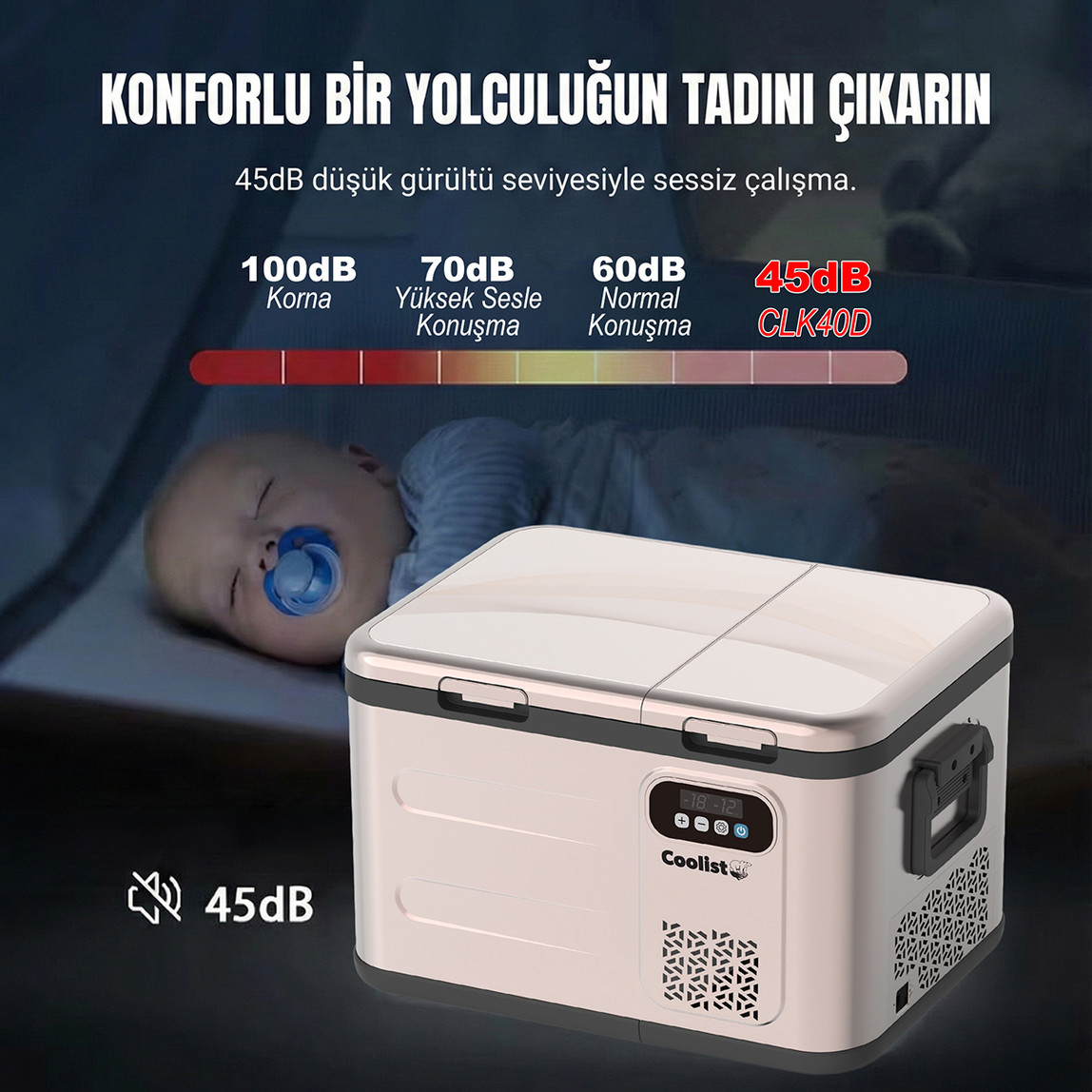    Coolist CLK40D 12/24V/220Volt 39 Litre Çift Bölmeli Outdoor Kompresörlü Bluetooth Bağlantılı Oto Buzdolabı 
 