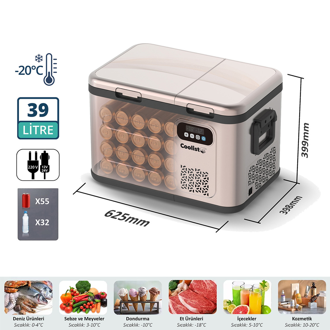    Coolist CLK40D 12/24V/220Volt 39 Litre Çift Bölmeli Outdoor Kompresörlü Bluetooth Bağlantılı Oto Buzdolabı 
 