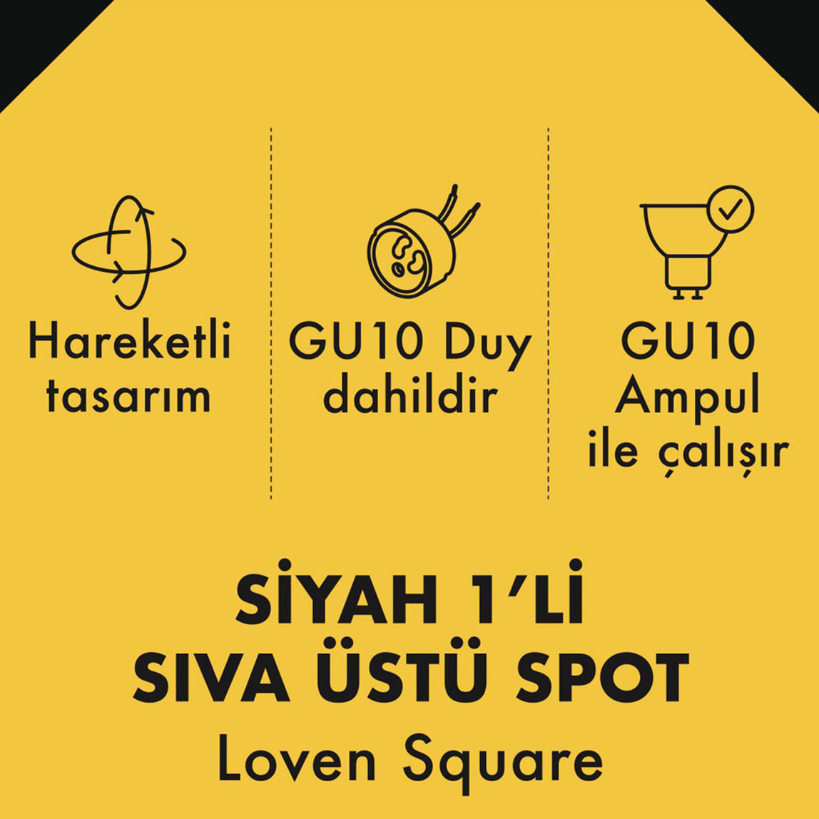    Metsan Loven Kare Tekli Spot Sıva Üstü Siyah GU10 