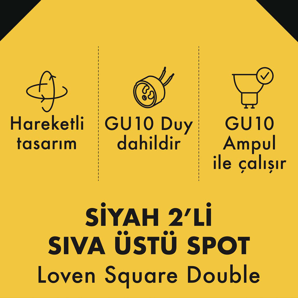    Metsan Loven Kare 2’Li Spot Sıva Üstü Siyah GU10 