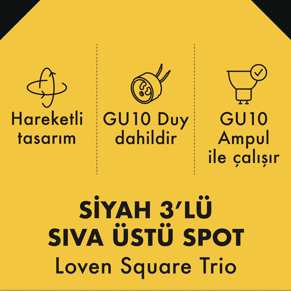    Metsan Loven Kare 3’Lü Spot Sıva Üstü Siyah GU10 