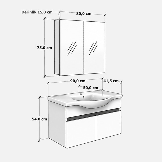 Basic MDF Aynalı 90 cm Takım Banyo Dolabı