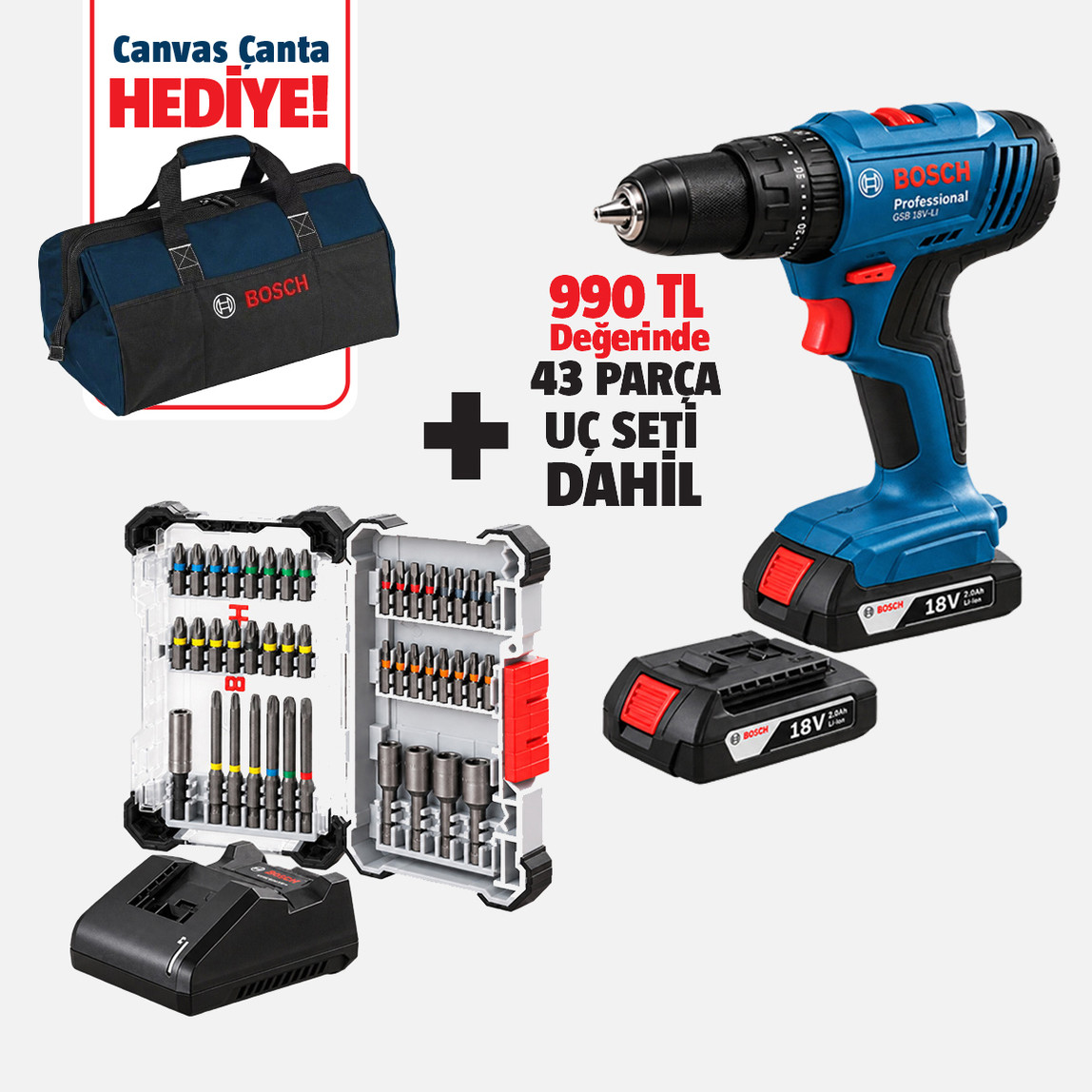    Bosch GSB183-LI 2.0 Ah 43 Parça Uç Setli Profesyonel Çift Akülü Vidalama
 