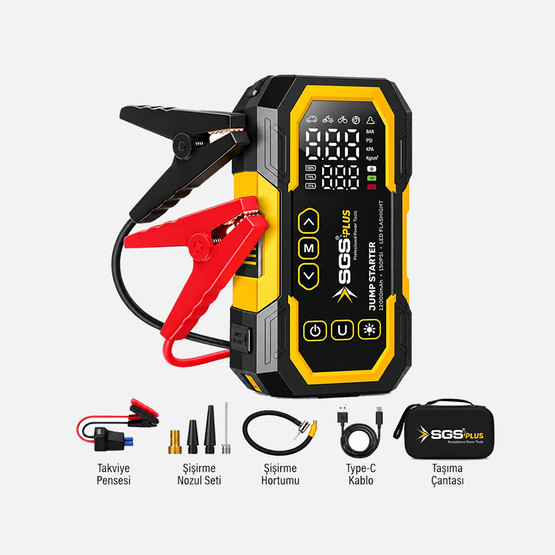 Sgs Plus 4'ü 1 Arada Akım Korumalı Akü Takviye Cihazı (12.000 mAh Powerbank 150 PSI Lastik Şişirme LED Fener)