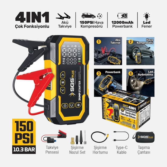 Sgs Plus 4'ü 1 Arada Akım Korumalı Akü Takviye Cihazı (12.000 mAh Powerbank 150 PSI Lastik Şişirme LED Fener)