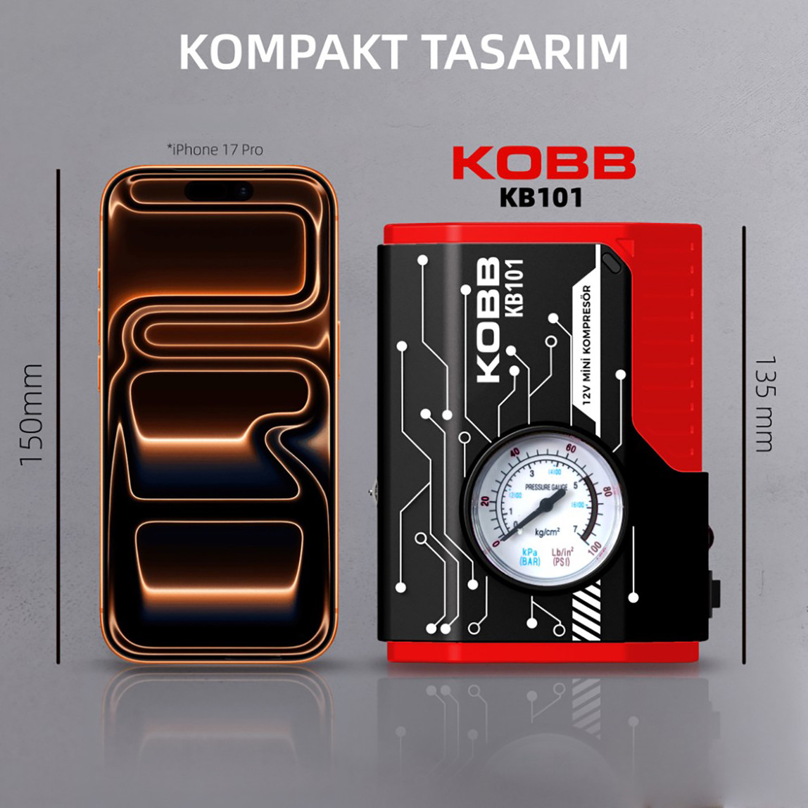    KOBB KB101 12Volt 100 PSI Analog Göstergeli Hava Lastik Şişirme Pompası 